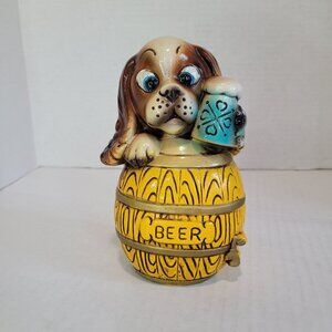 Vintage Dog Puppy In A Beer Barrel Plaster Novelty Piggy Bank  Lugene's Japan